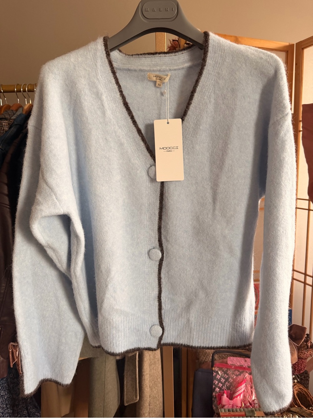 NWT Moocci Paris Blue Wool Blend Cardigan Brown Trim Velvet Bow TU NWT